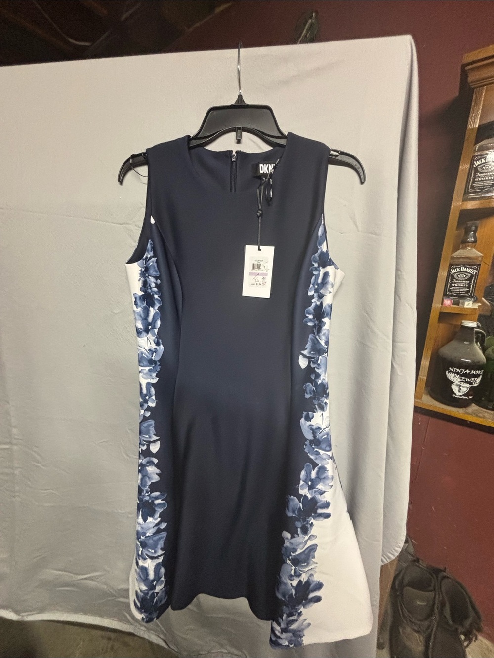DKNY Navy Sheath Dress with Blue Floral Side Panels